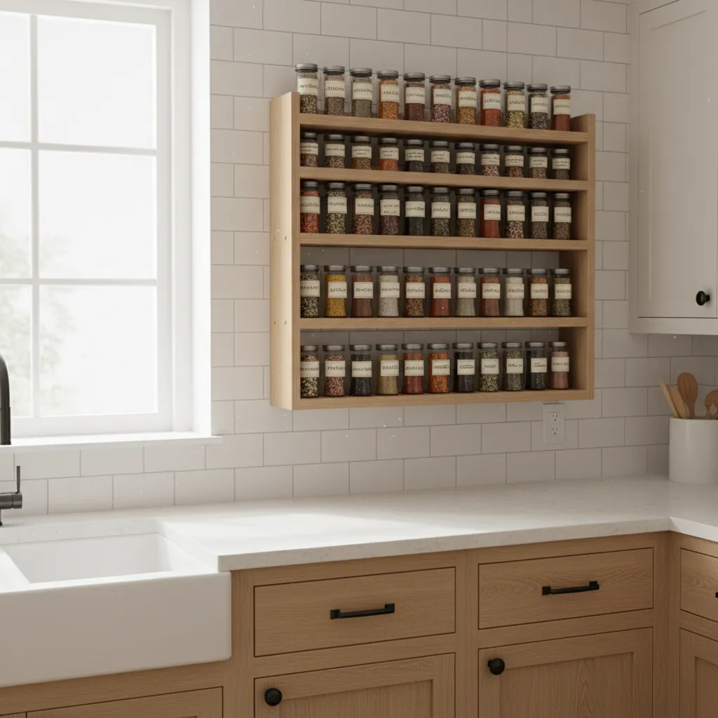 wooden wall mounted spice rack with labeled spice jars in a bright kitchen