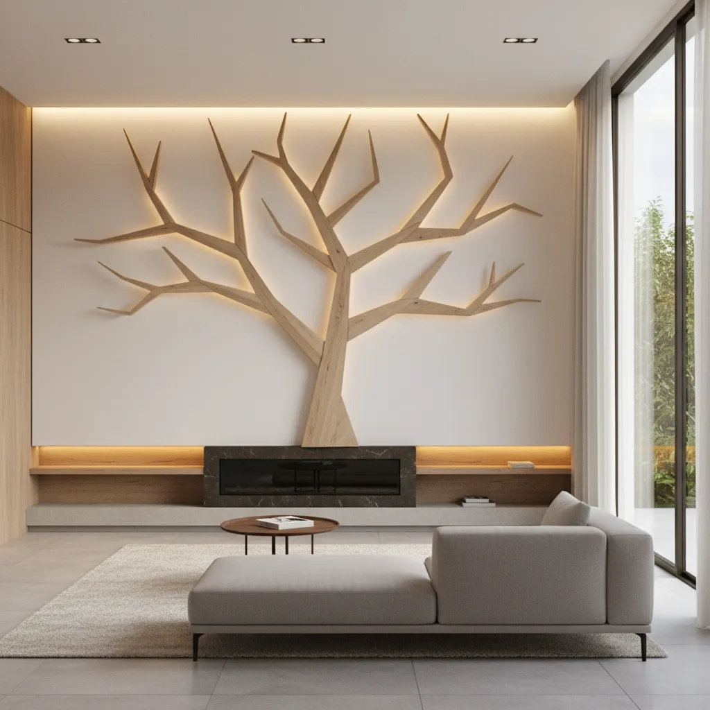 wooden branch wall tree installation in modern living room