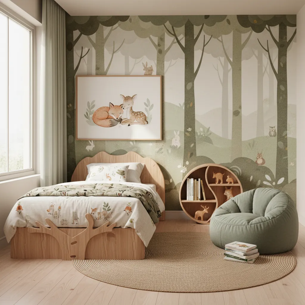 woodland themed kids bedroom with fox deer decor and soft green palette