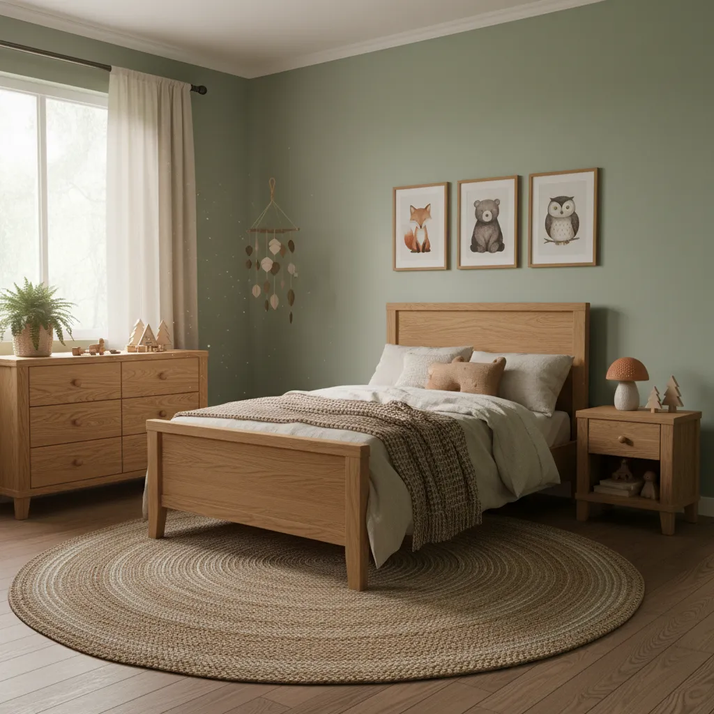 Woodland animal themed kids bedroom with oak furniture and green walls