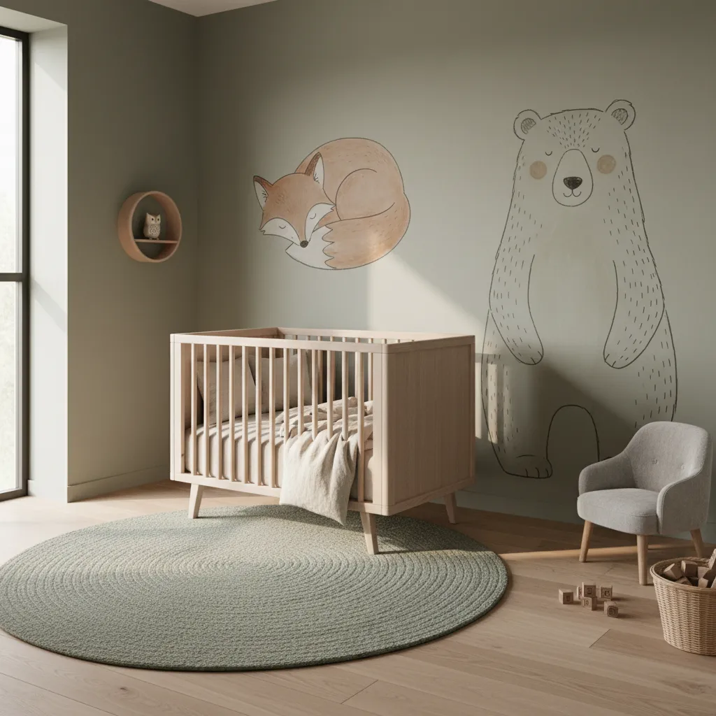 woodland animal themed toddler bedroom with fox and bear wall illustrations
