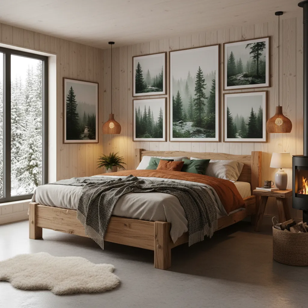 Rustic woodland bedroom with wood furniture and forest tones
