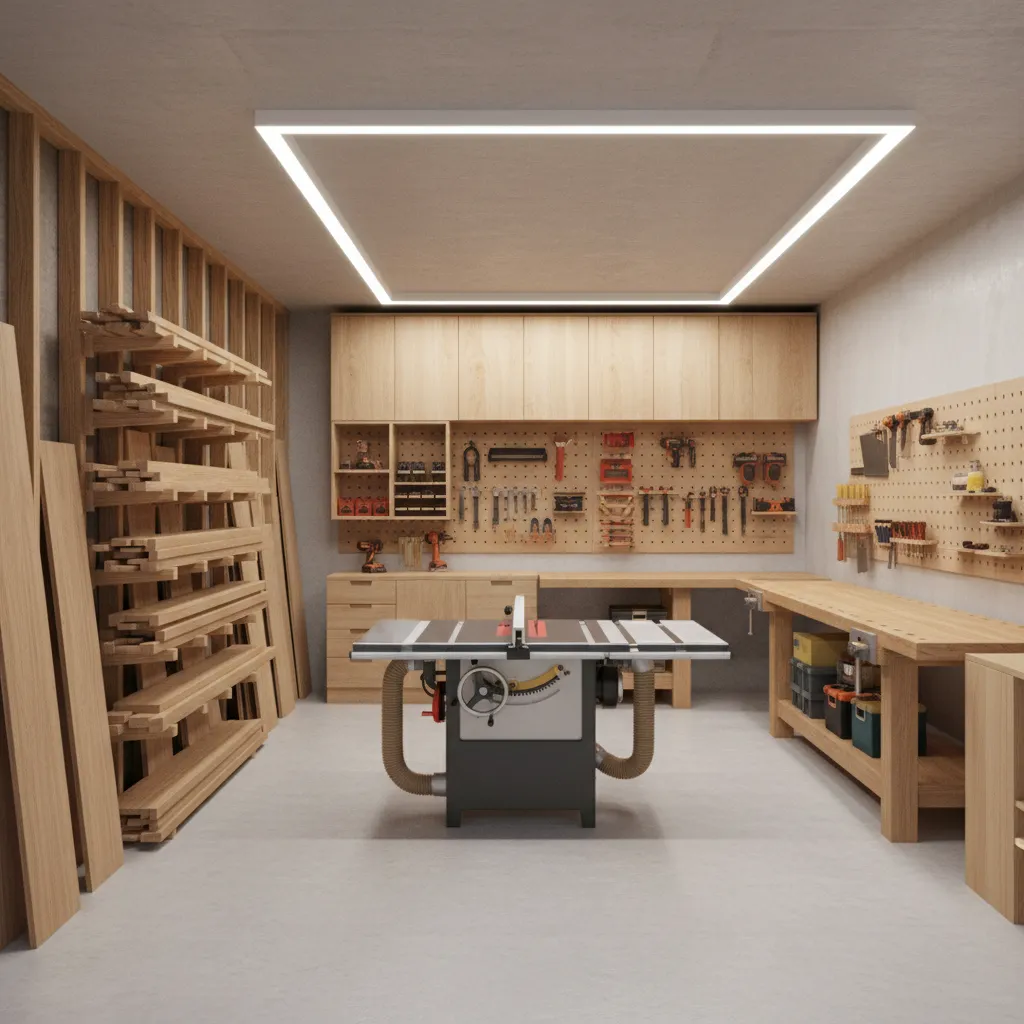 woodworking shop layout in a 900 sq ft garage with machines and workbench