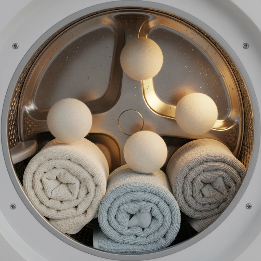 Wool dryer balls separating clothes in dryer drum