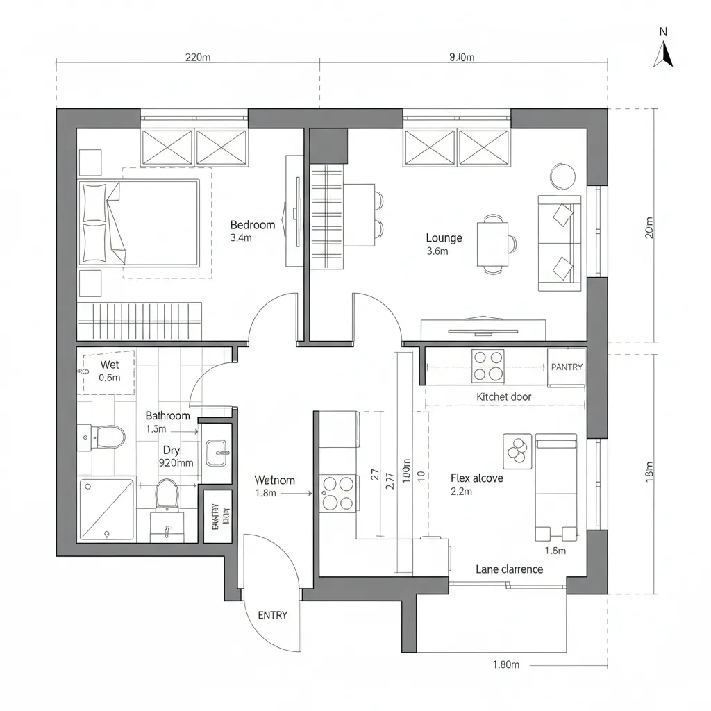 CAD floor plan of a 1-bed unit with a pocket-door flex alcove for work