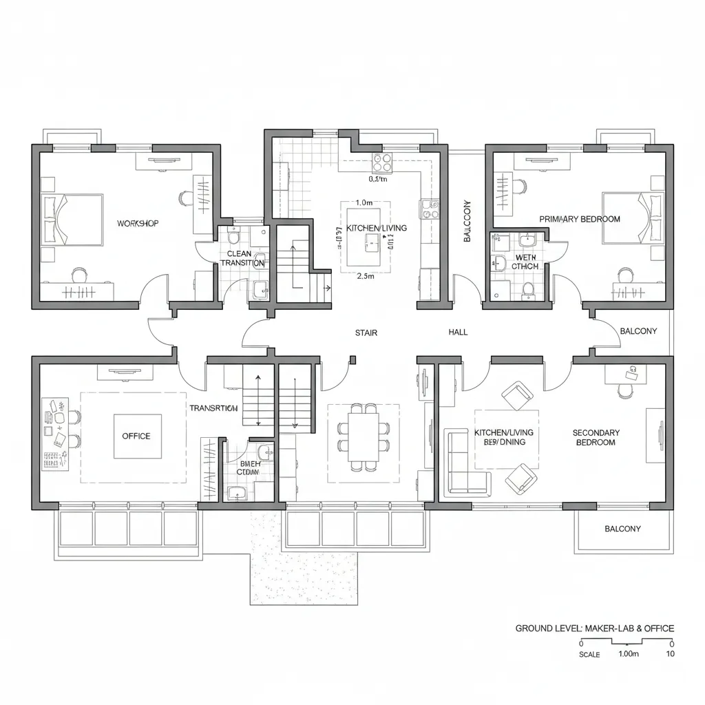 Ground level interior design drawing featuring workshop office kitchen living area bedrooms and several outdoor balconies