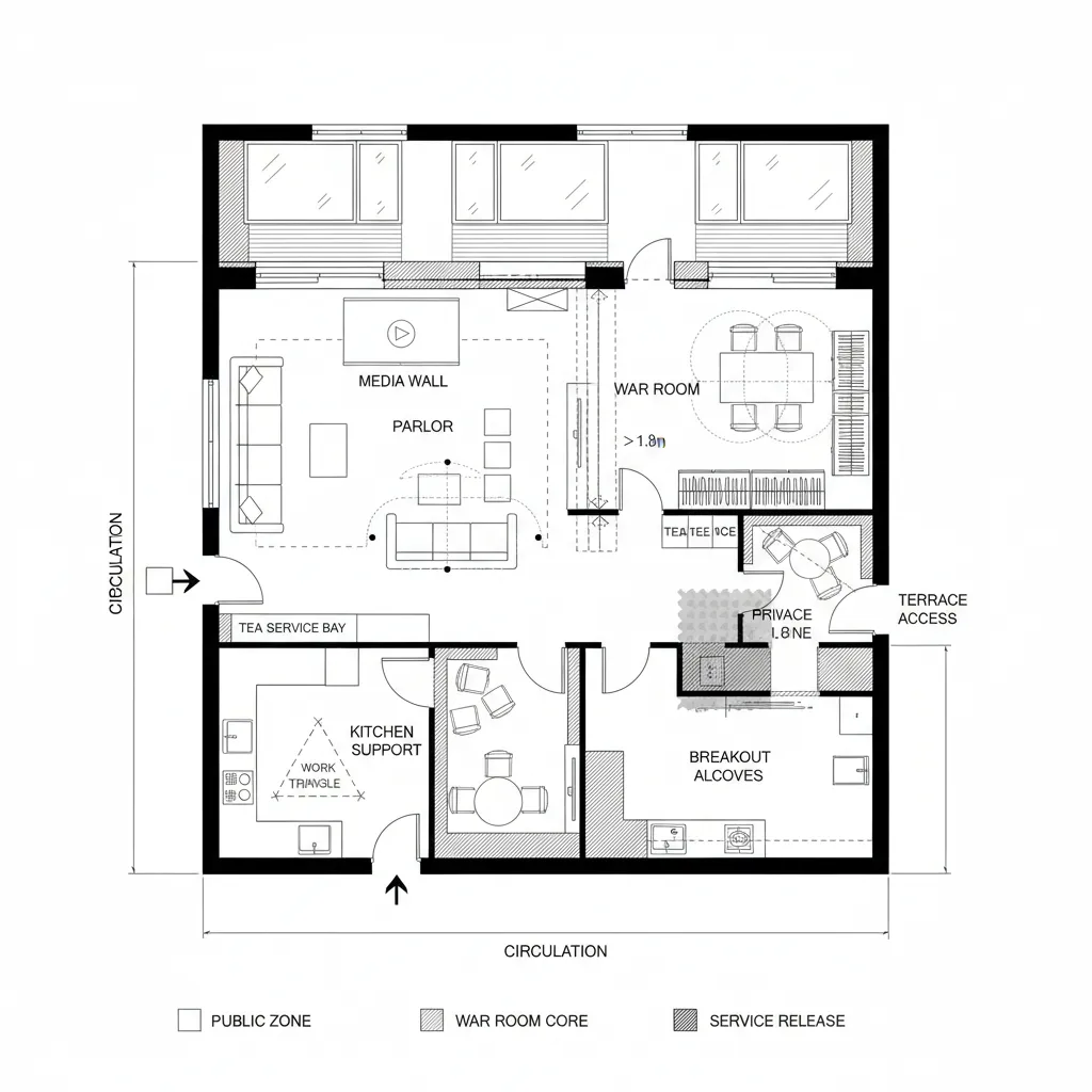 A black and white interior design drawing showing a room layout with furniture and labels