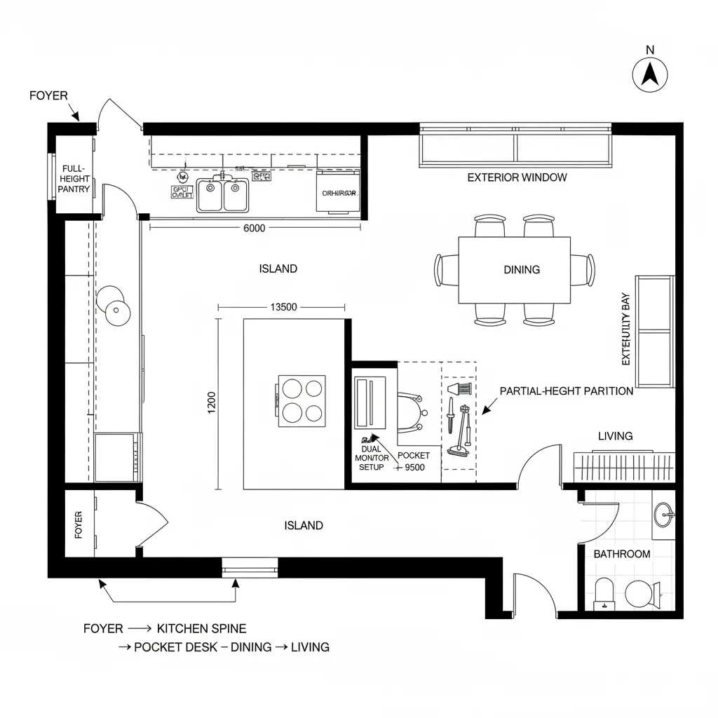 Floor plan drawing of a kitchen and dining area featuring islands, large windows, and bathroom