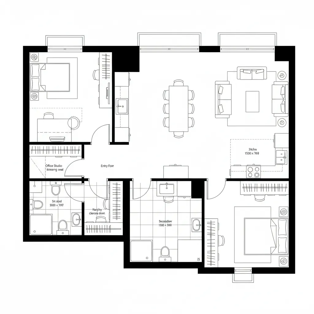 2D CAD floor plan with office-studio conversion and low-interruption circulation