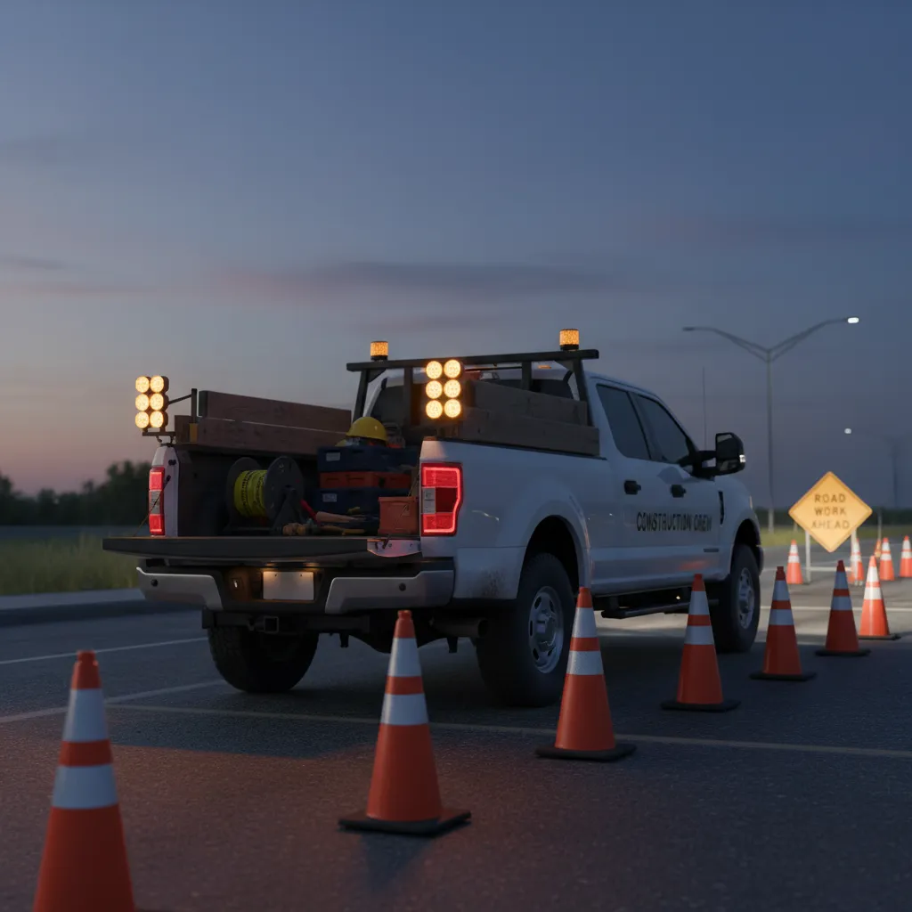 rear mounted amber warning strobes on construction pickup truck