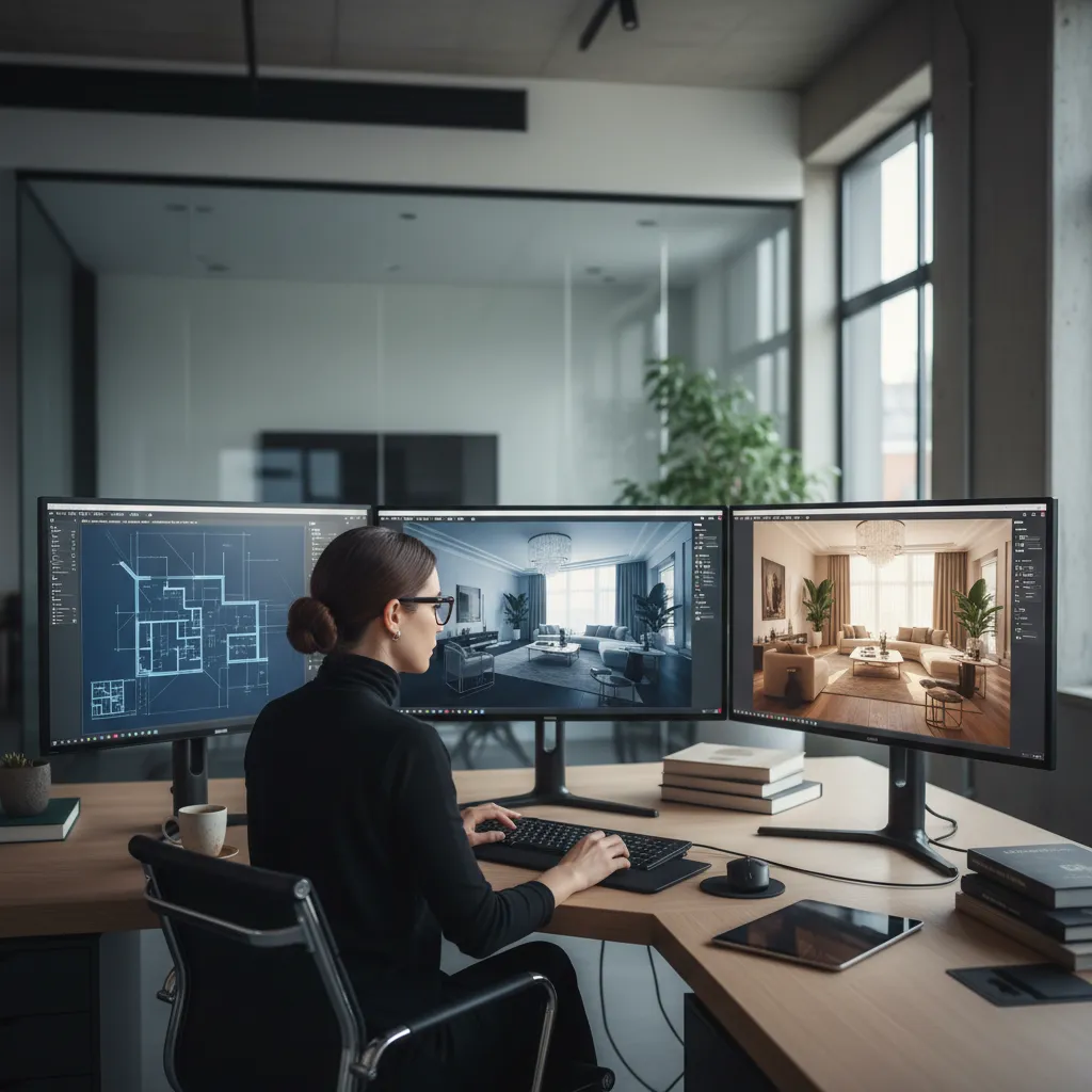 Diseñador revisando diferentes modelos 3D y planos en su ordenador