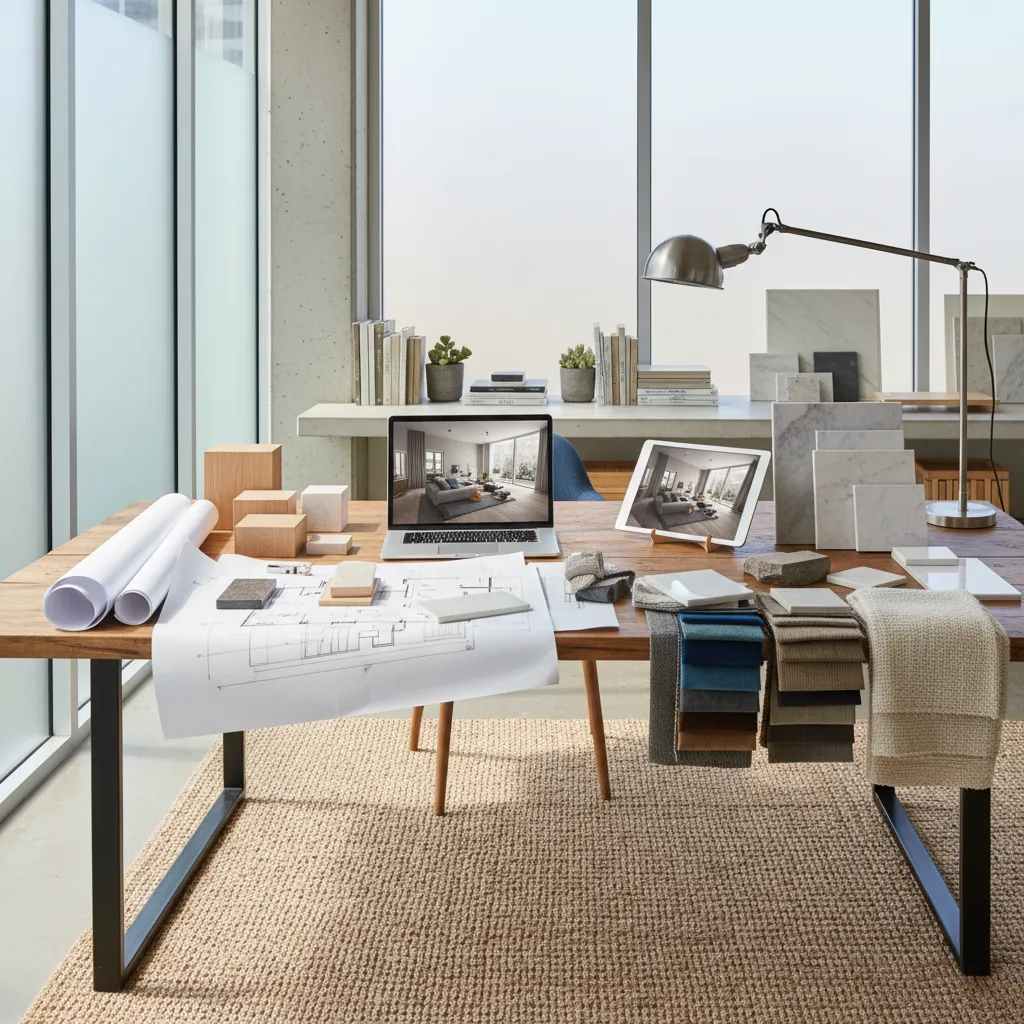 Flujo de trabajo digital de diseño de interiores con tablet, portátil y planos
