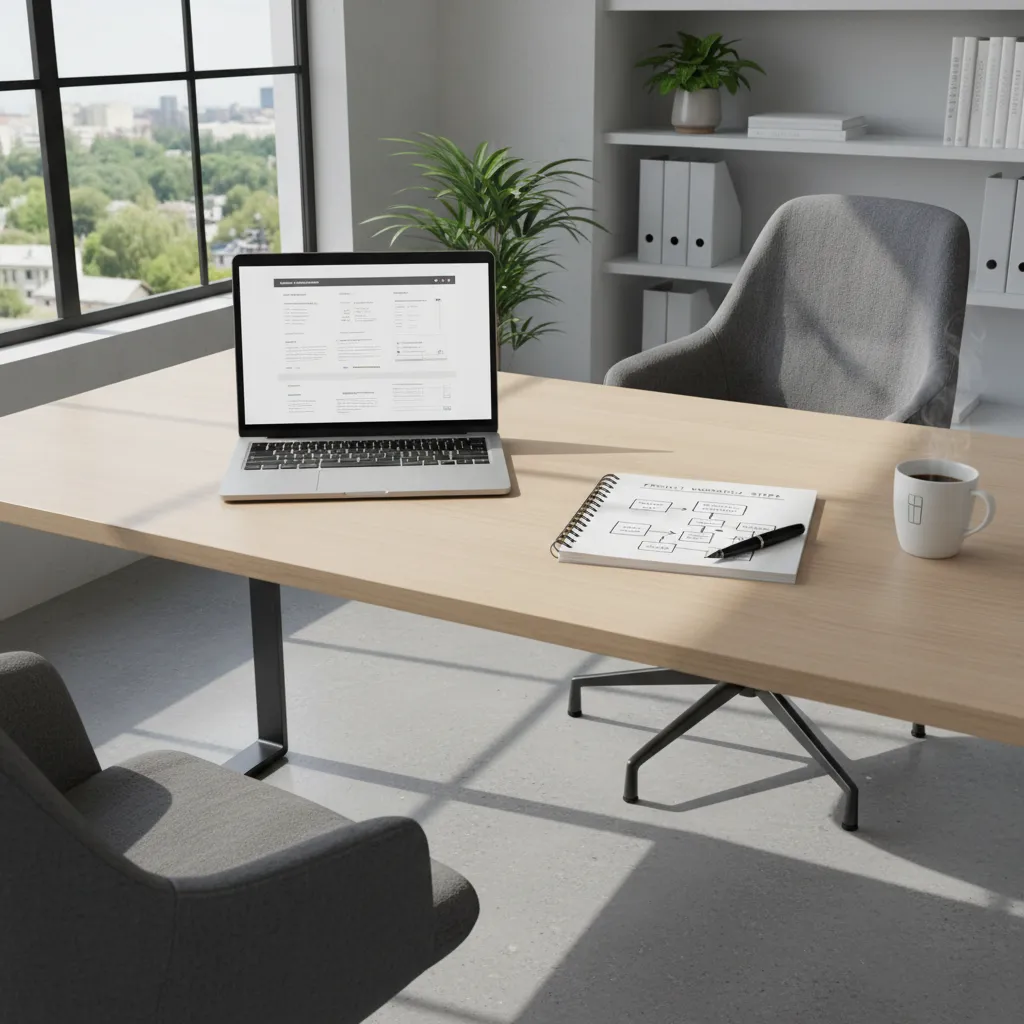 Planning workflow steps on paper next to a laptop with a template document