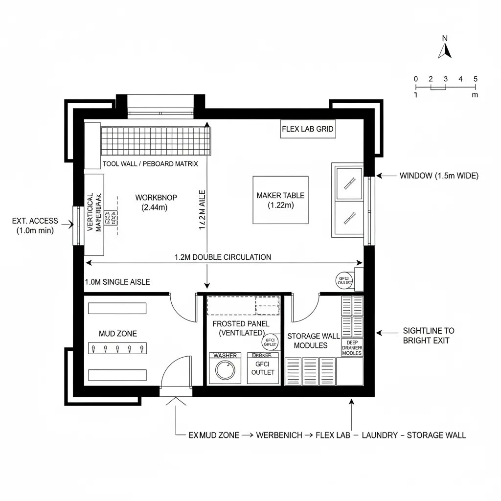 Top-down CAD plan of a workshop and flex lab grid with mud zone, laundry, and storage wall.