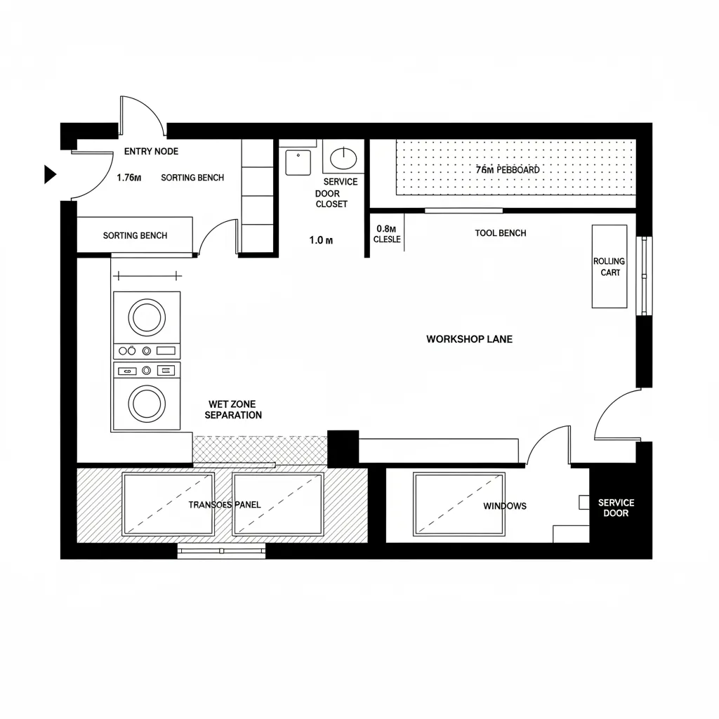 Top-down CAD plan of workshop lane with laundry spine and clear flow