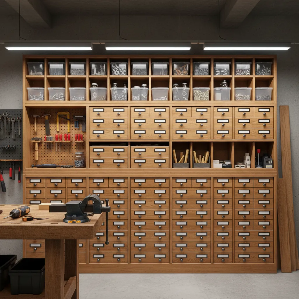 Workshop storage cabinet with labeled drawers using apothecary style hardware