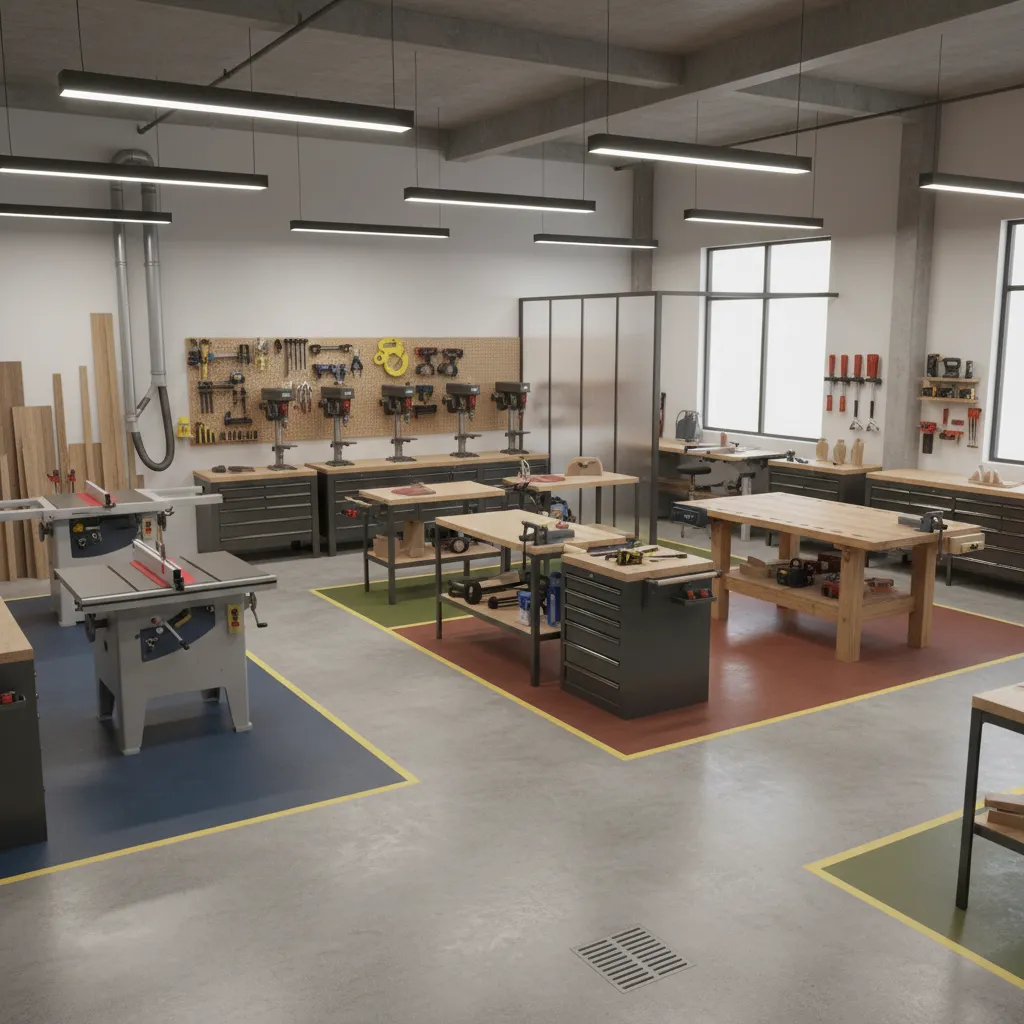 Workshop layout showing tool workflow zones for cutting drilling and sanding areas