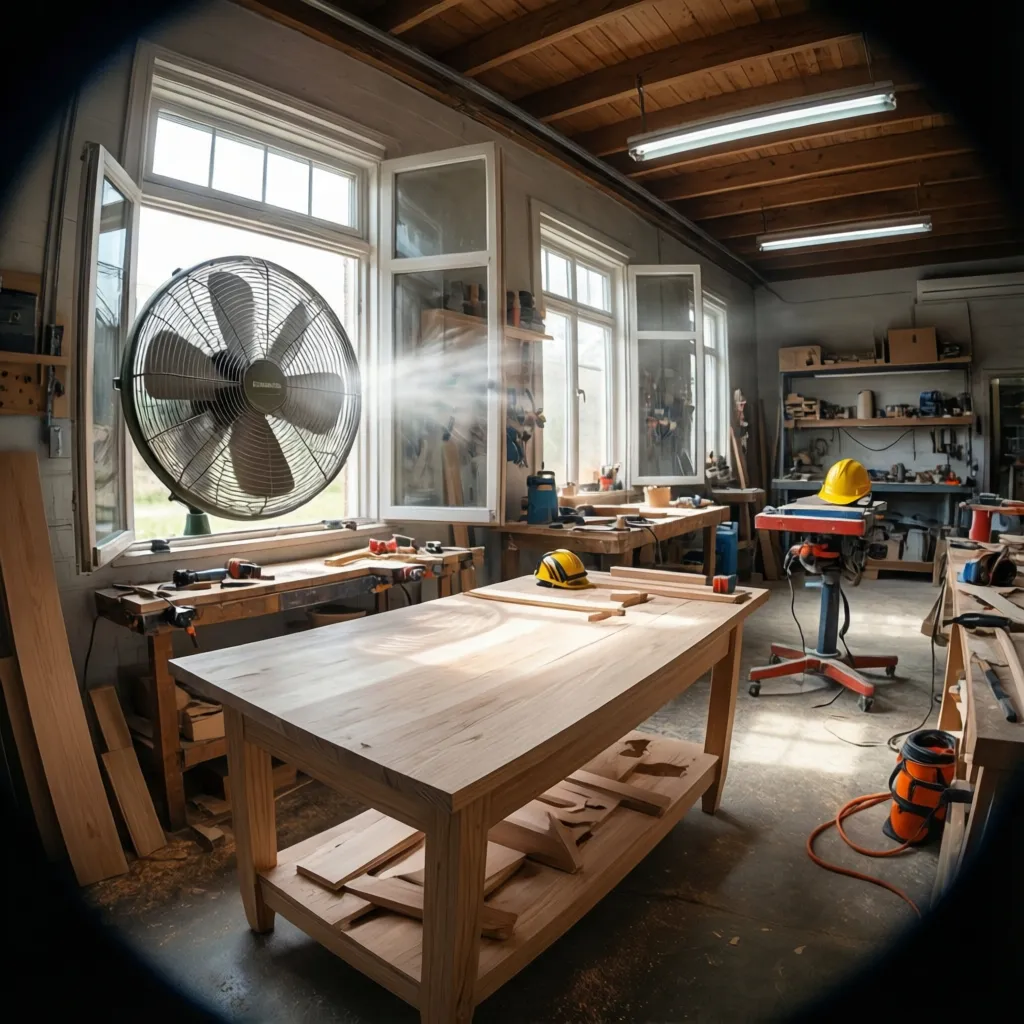 well ventilated workshop setup for chemical wood stripping with fans and open windows