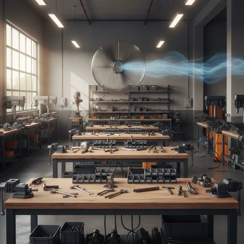 Workshop layout showing airflow direction from high speed wall fan