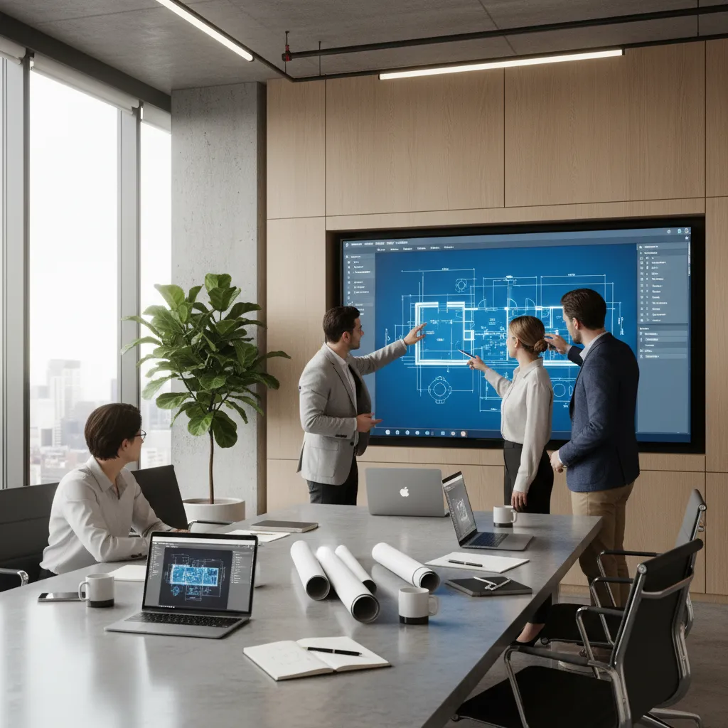 design professionals reviewing digital workspace layout plans on large screen