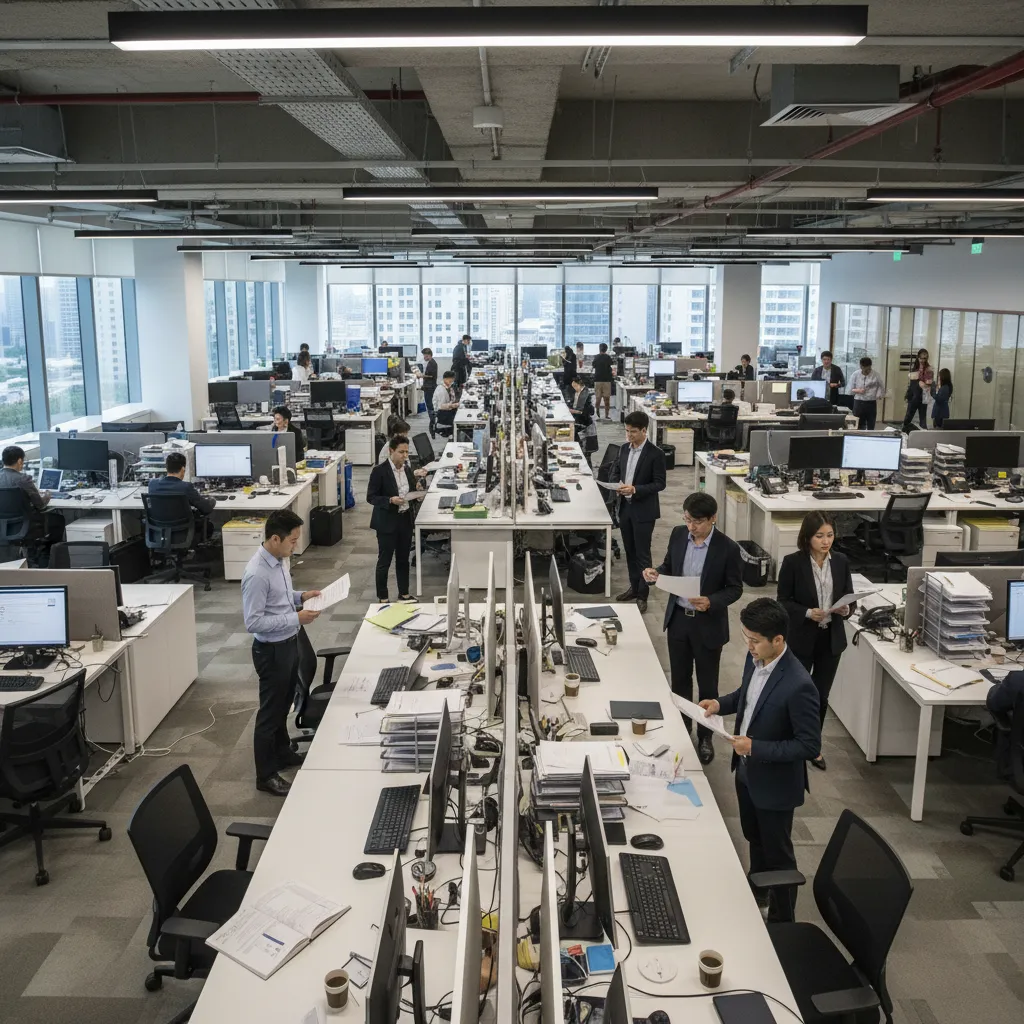 Large busy open office with many people working at white desks under long ceiling lights