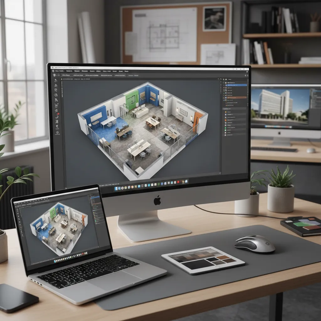 Computer screen and laptop showing a 3D office room layout design on a wooden desk