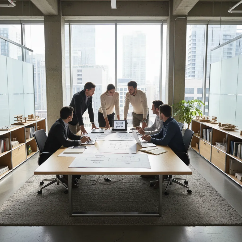 People discuss interior design drawings on a large wooden table in a bright modern office