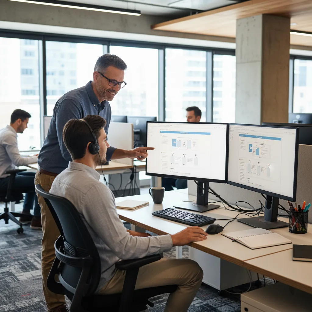 Man pointing at computer screens while training colleague wearing a headset in a modern office