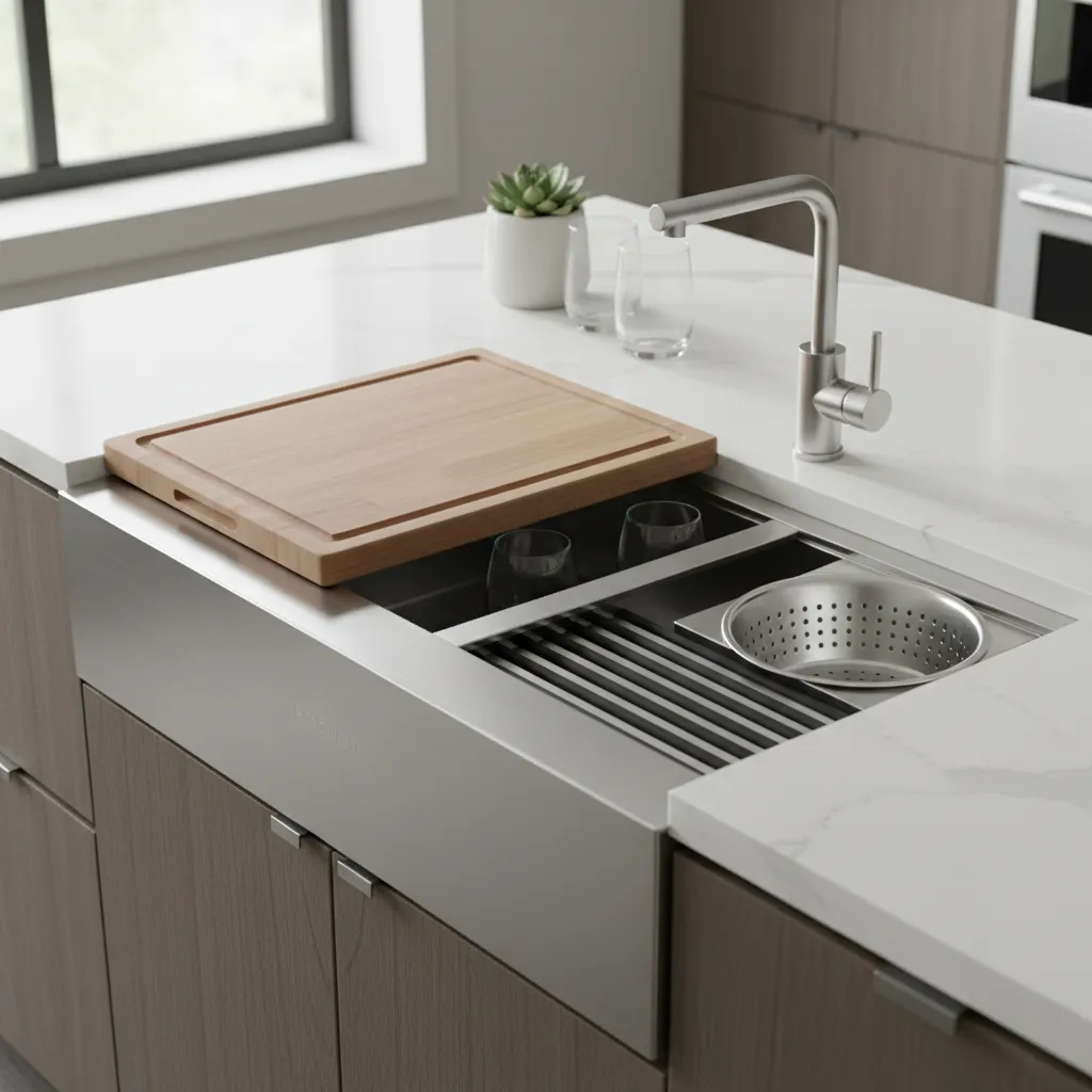 Stainless steel workstation sink with cutting board and drying rack accessories