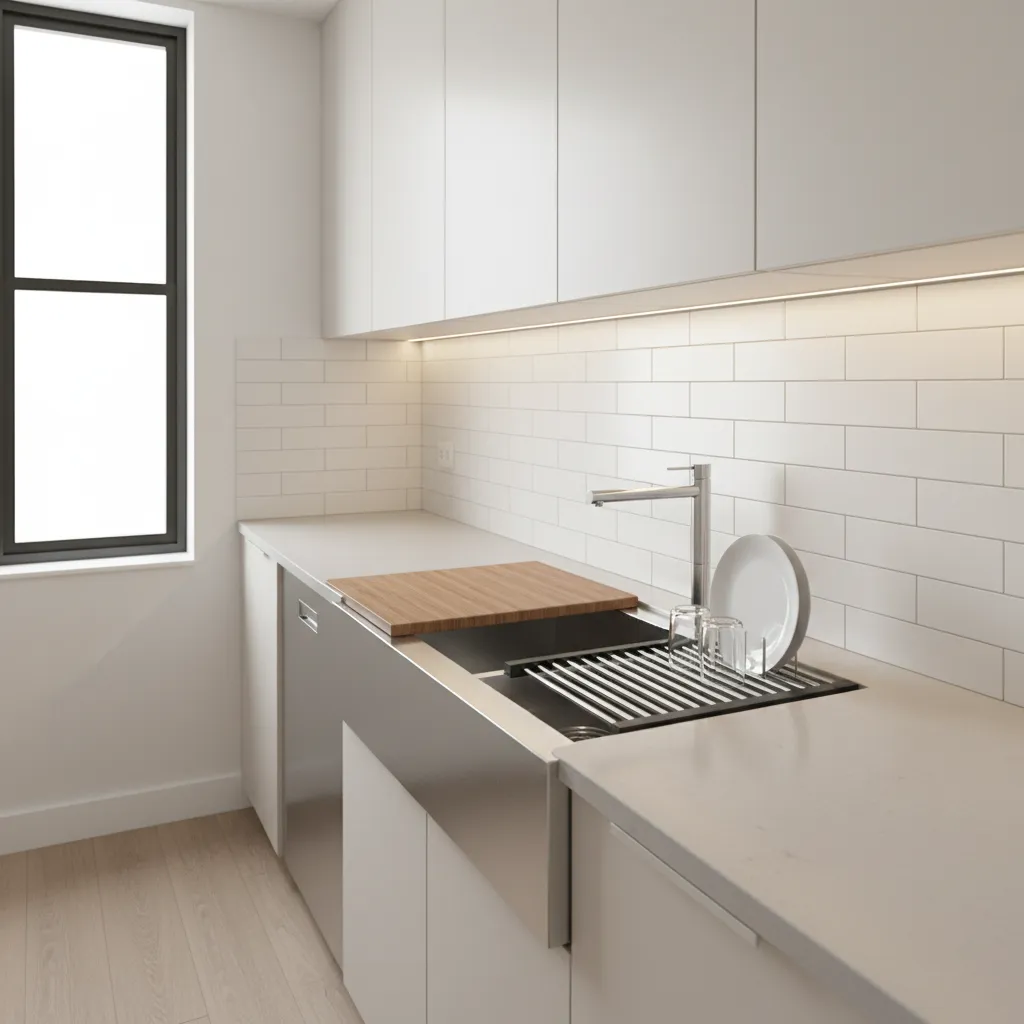 workstation sink with cutting board and rack in compact kitchen