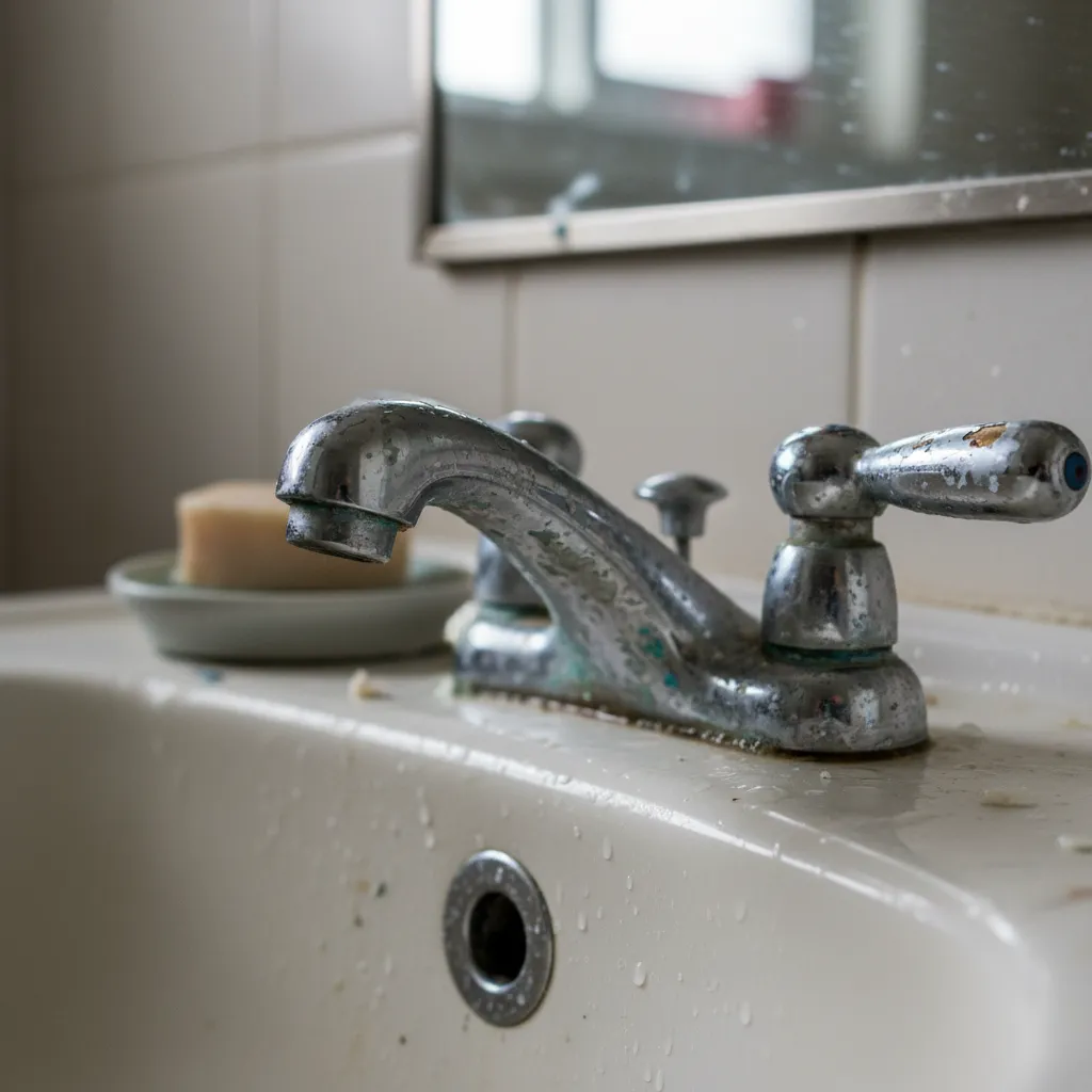 Bathroom faucet with worn or peeling metal finish showing coating failure