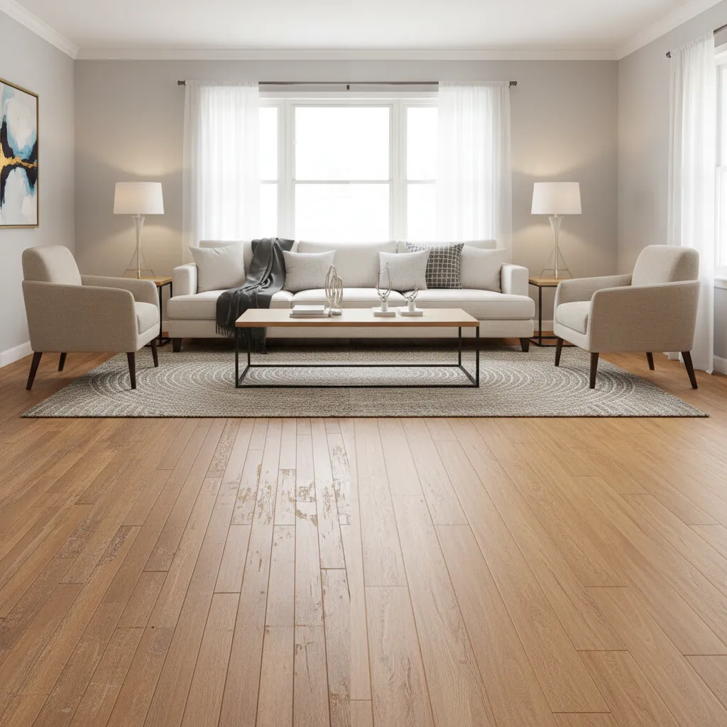 comparison of worn flooring and newly installed modern flooring in residential interior