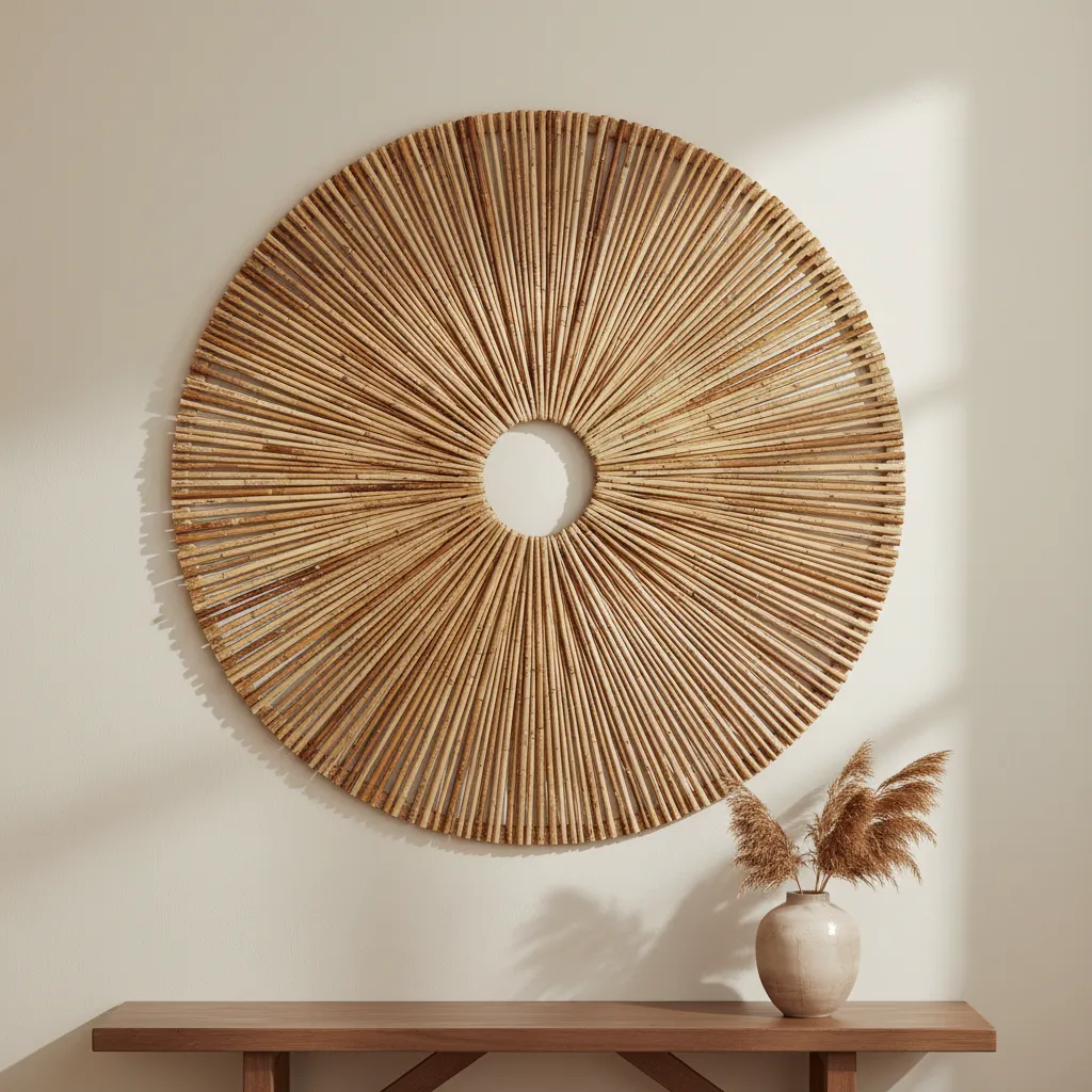Close view of woven bamboo wall art texture mounted on neutral wall