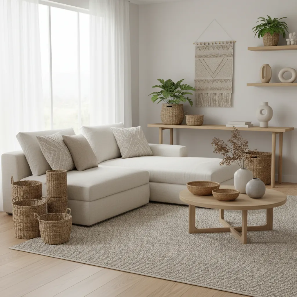 woven storage baskets and neutral decor pieces arranged in modern home
