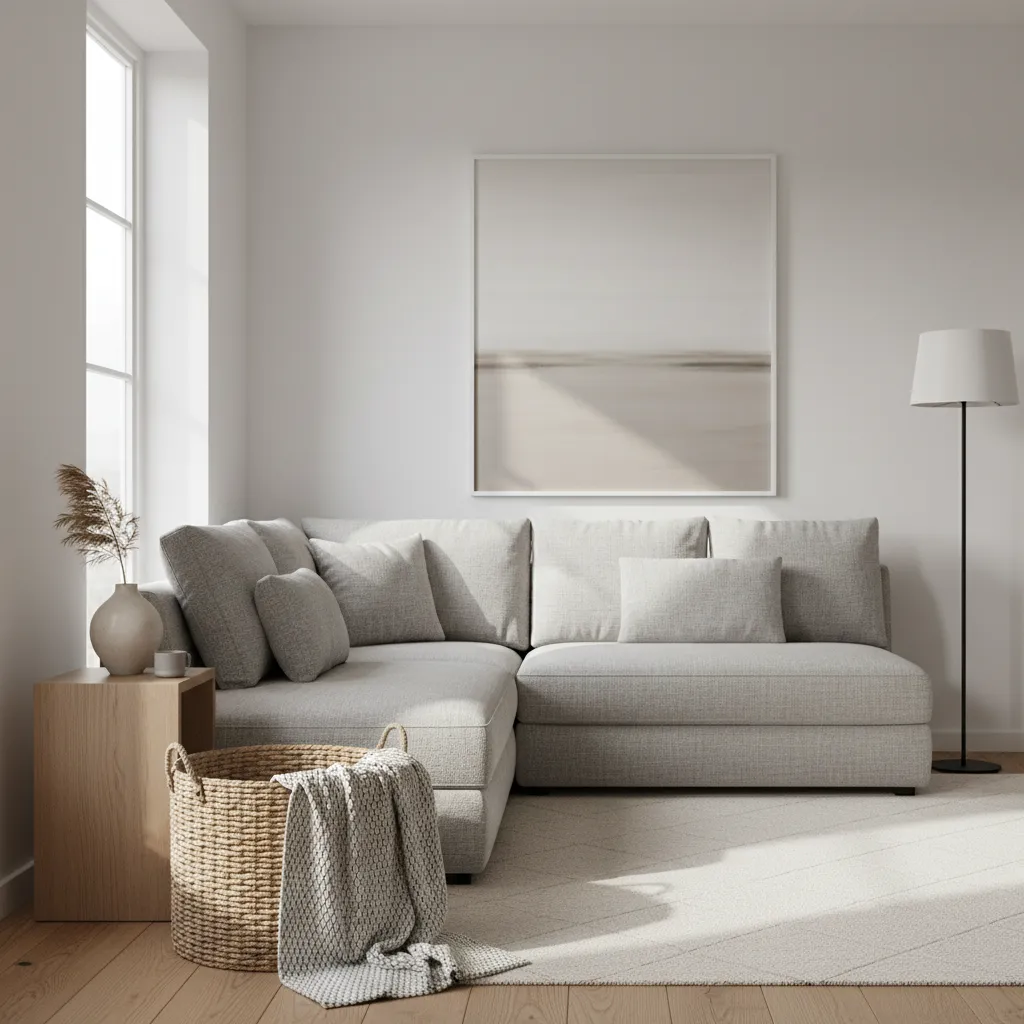 Large woven basket with throw blanket beside modern living room sofa
