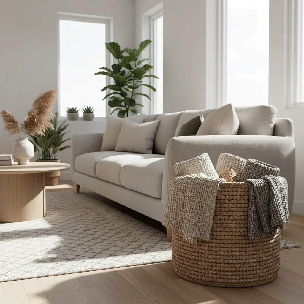 Large woven basket filled with folded throw blankets beside sofa