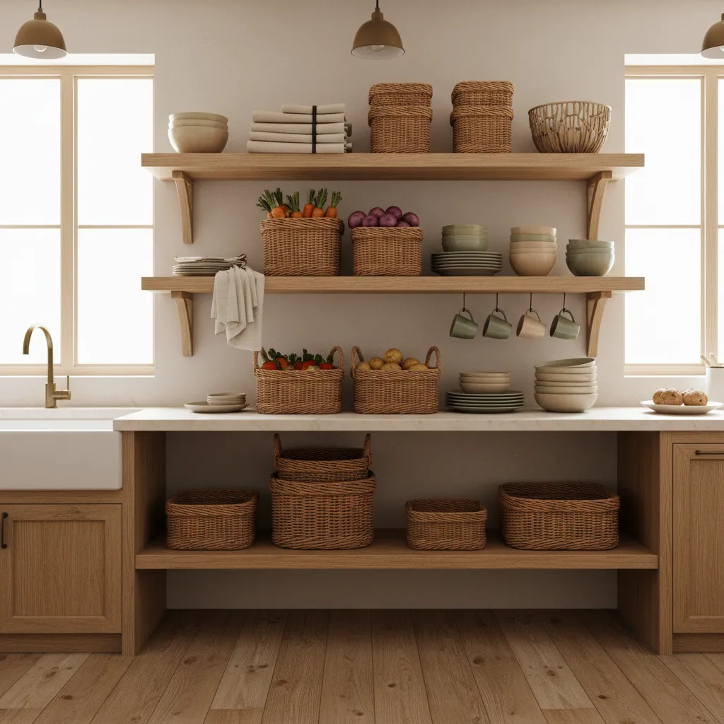 woven decorative baskets used for kitchen storage on open wooden shelves