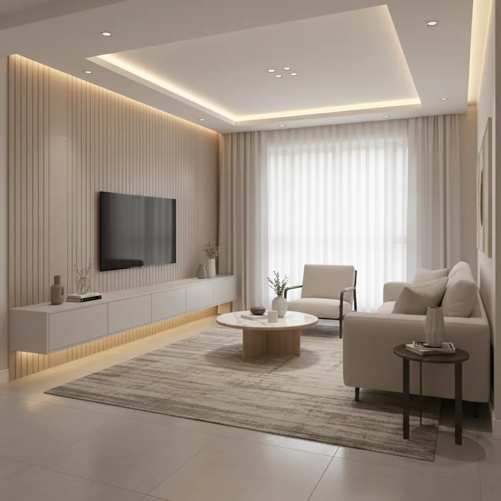 WPC accent wall behind television in compact apartment living room