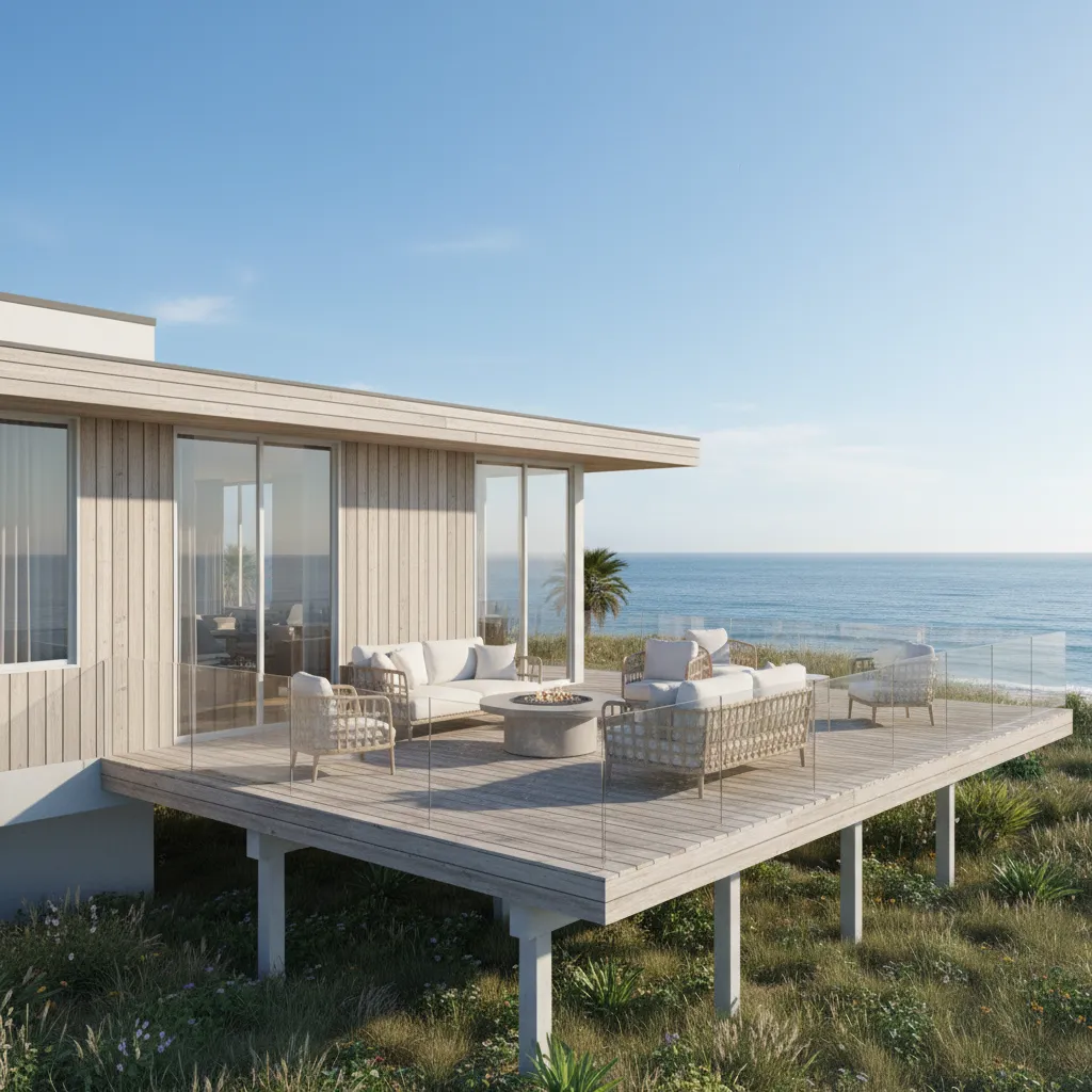 Beach house with large wraparound deck facing the ocean