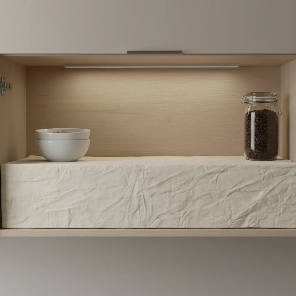 wrinkled shelf liner inside kitchen cabinet shelf