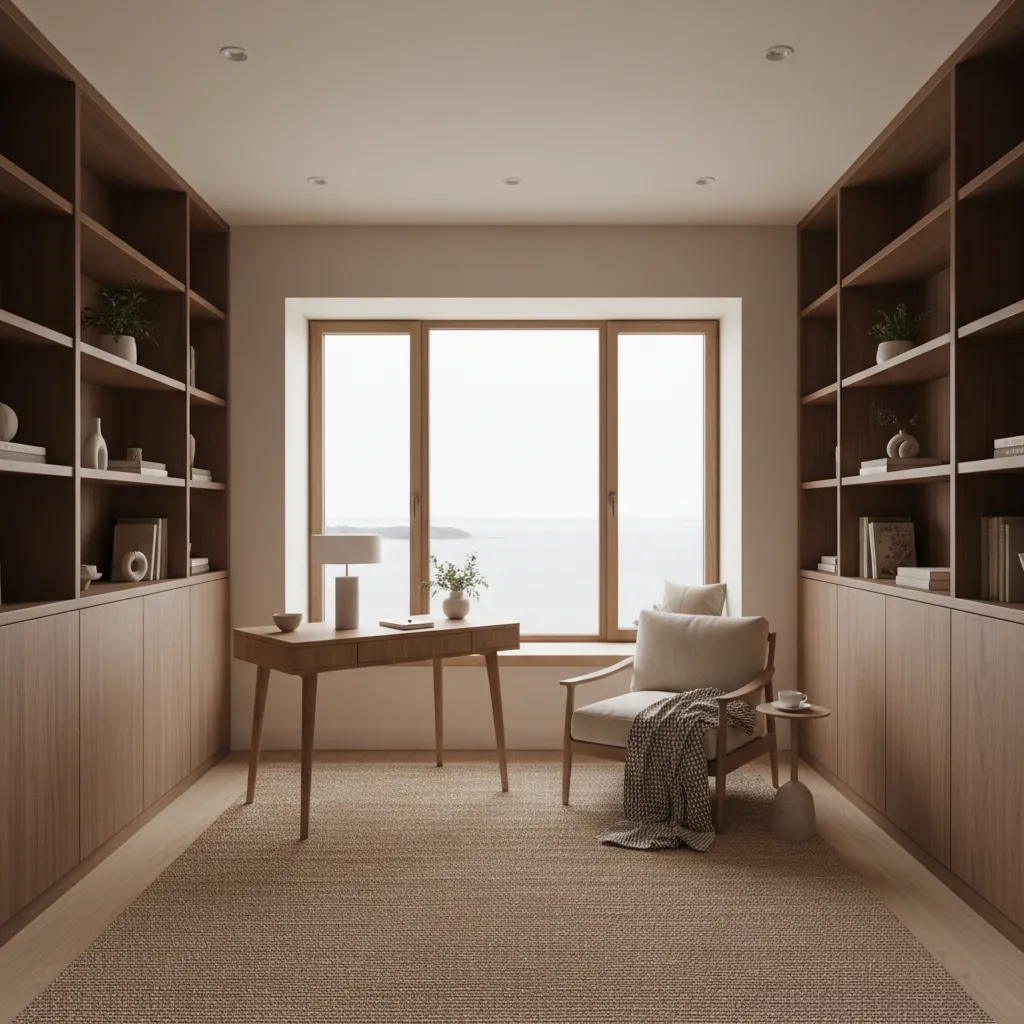 Quiet writer workspace near a bay window with reading chair and simple desk