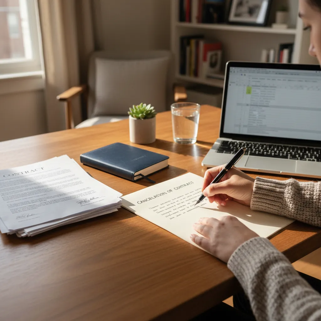 Person writing a roofing contract cancellation letter at desk
