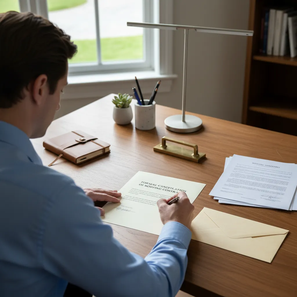 Person writing a formal cancellation letter for a roofing contract