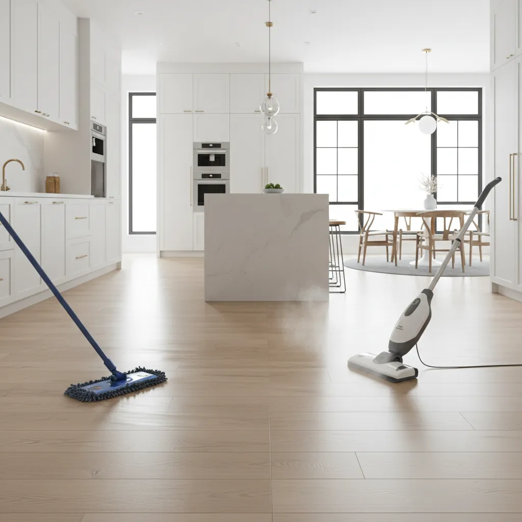 comparison of steam mop and microfiber mop used on vinyl plank flooring