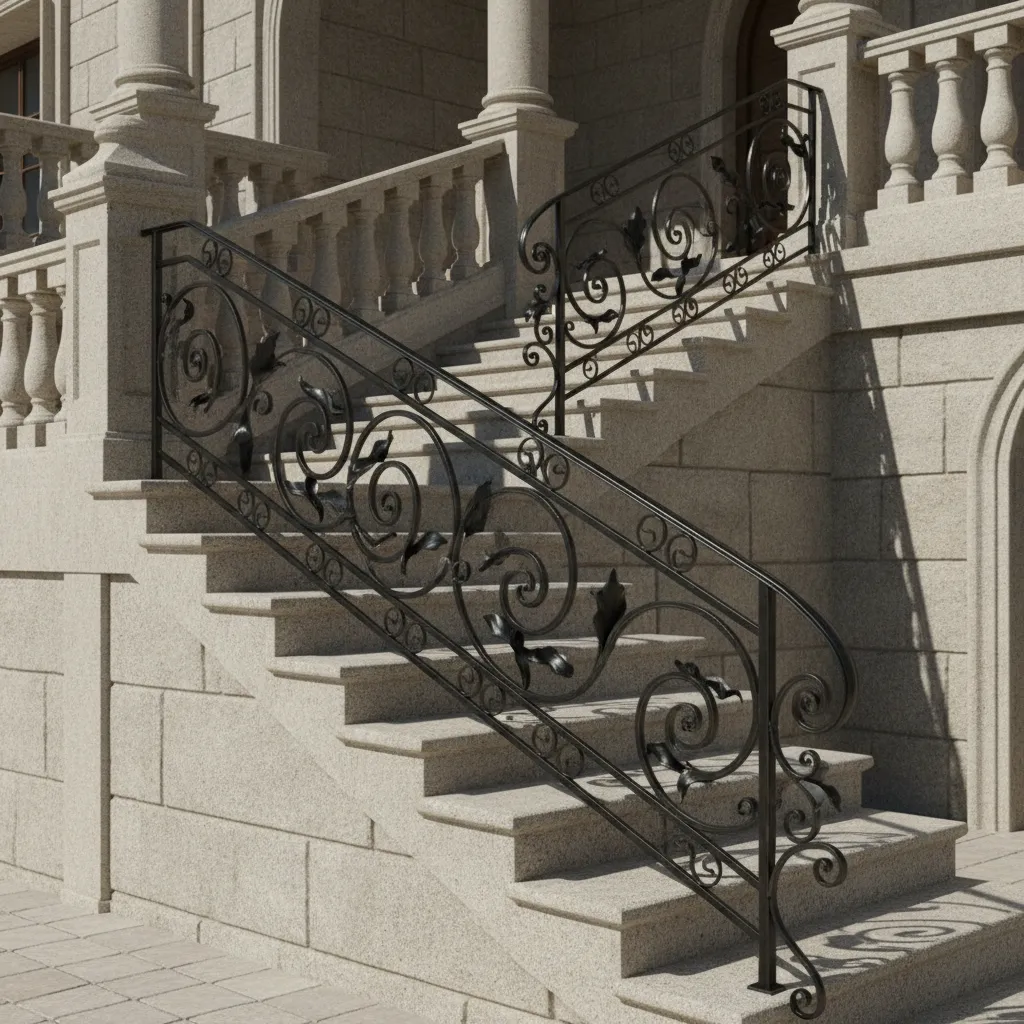 Black metal decorative railing with ornate wrought iron pattern