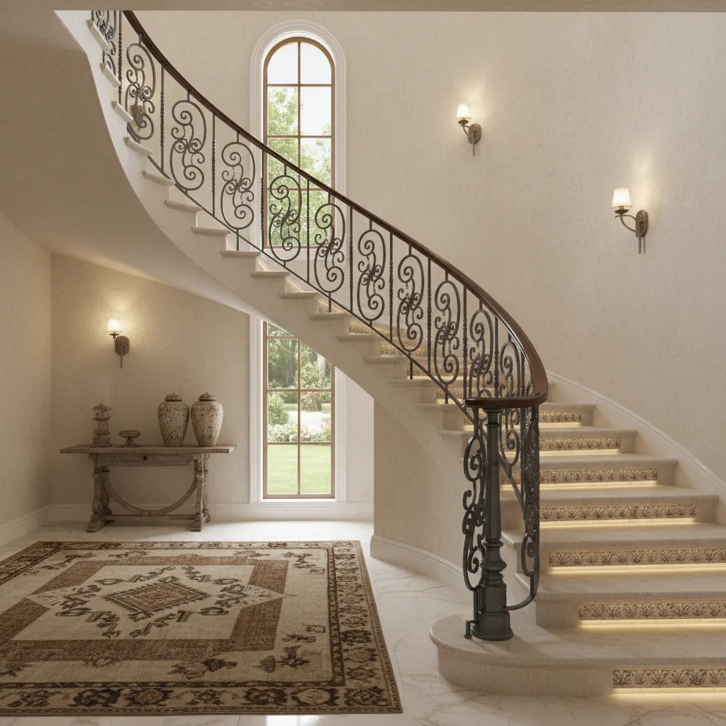 ornate wrought iron staircase banister with decorative metal balusters