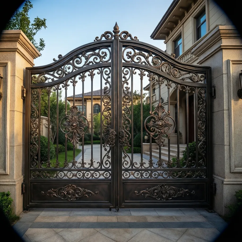 Elegant wrought iron driveway gate with decorative metal patterns