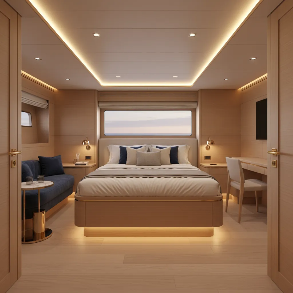 Cabina principal de un yate con cama integrada y madera clara