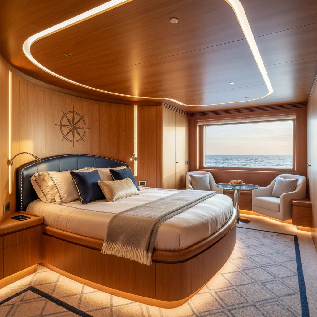 Camarote de yate con madera noble iluminación indirecta y textiles premium