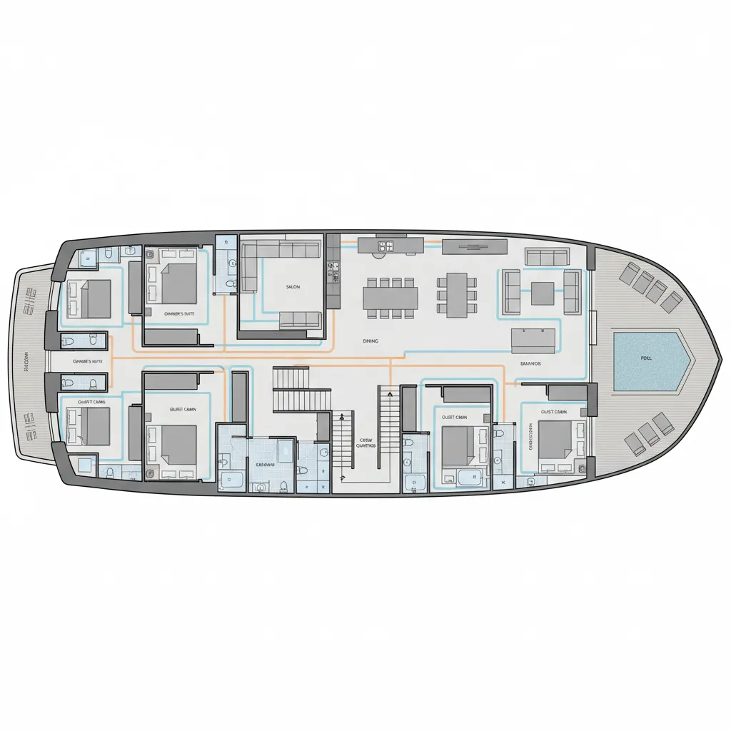 super yacht deck layout diagram showing guest and crew circulation paths